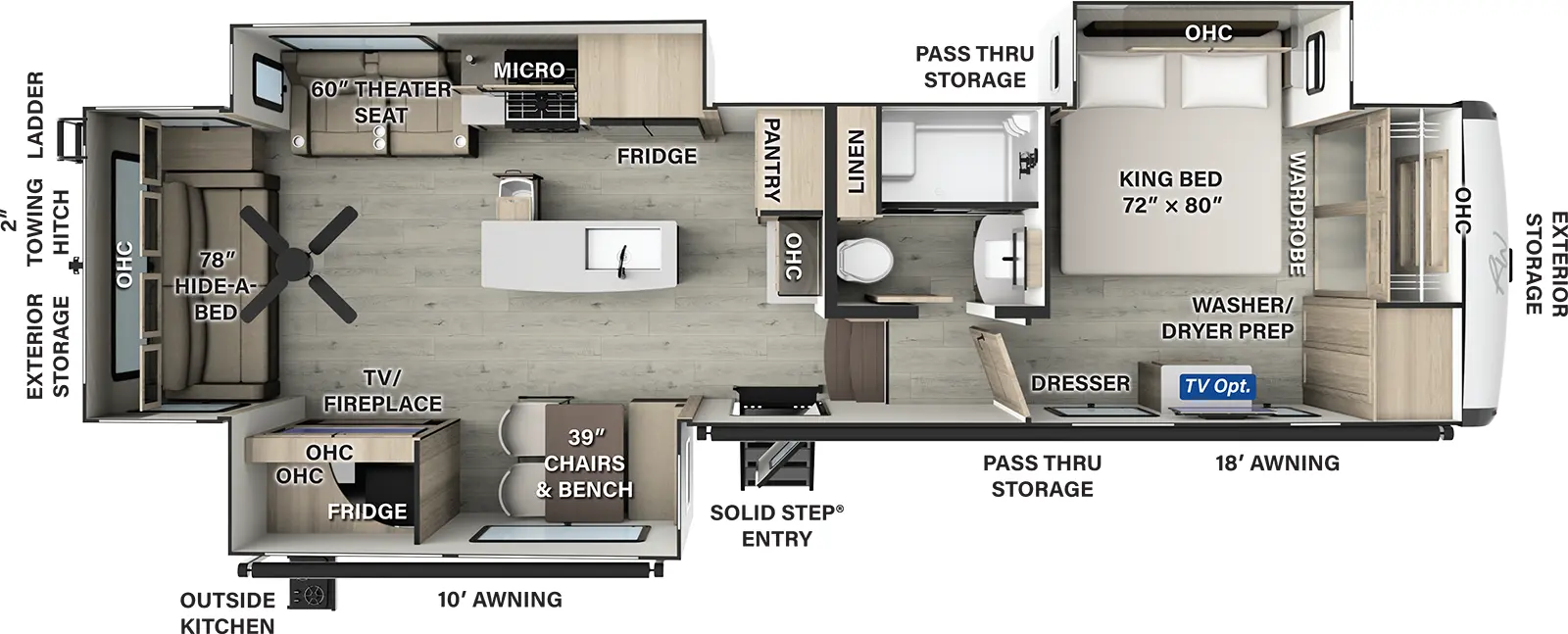 The Rockwood Signature Fifth Wheels R372RL has one entry and three slide outs. Exterior features include: fiberglass exterior, 10' & 18' awning and outside kitchen. Interiors features include: kitchen island, front bedroom and rear living.